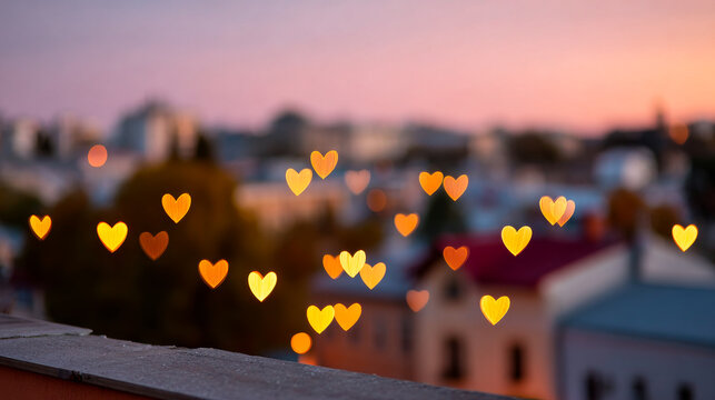 Charming sunset view with heart shapes. Colorful heart shapes float in the air, creating a lovely atmosphere over a serene urban sunset view.