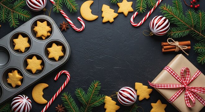 Delightful Christmas cookies and gift on dark background create warm holiday atmosphere perfect for festive greetings and culinary projects - Powered by Adobe