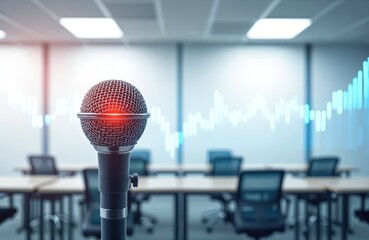 Microphone stands on stage in empty boardroom. Graph shows success at business meeting. Nobody in conference room ready for corporate presentation. Finance report, stock marketing info. Public speech