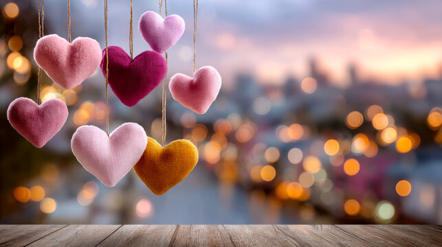 Vibrant felt hearts at sunset. Felt hearts in pink and yellow hang against a blurred sunset backdrop. The scene feels warm and inviting.