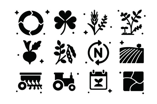 Crop Rotation Icons. Crop rotation and cover crops. Solid icons set of Crop rotation and cover crops: rotation wheel chart, clover cover crop, rye cover crop,