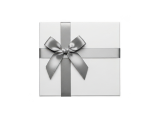 Elegant white gift box with silver ribbon bow for special occasions and celebrations transparent background