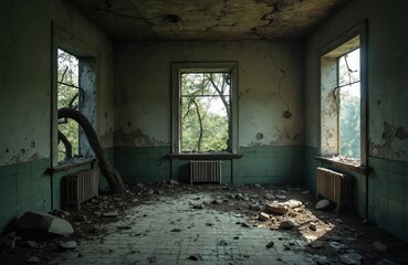 Abandoned room interior shows peeling paint on walls, severely cracked ceiling. Rubble covers broken tile floor. Large tree branches grow through empty window frames. Nature slowly reclaims old