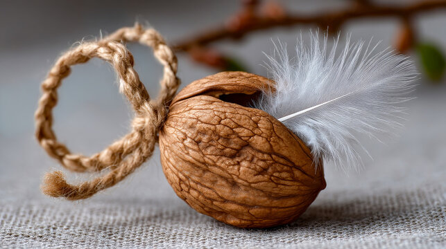 Cute walnut shell with a feather inside. A walnut shell holds a delicate feather, creating a whimsical contrast on a textured surface with muted colors.