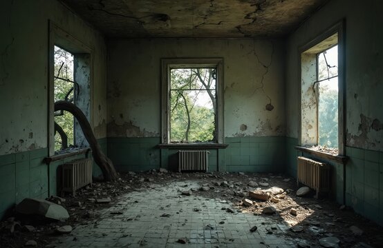 Abandoned room interior shows peeling paint on walls, severely cracked ceiling. Rubble covers broken tile floor. Large tree branches grow through empty window frames. Nature slowly reclaims old