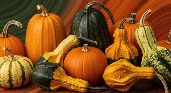 A colorful array of pumpkins and gourds displayed on a wooden surface with a painted backdrop