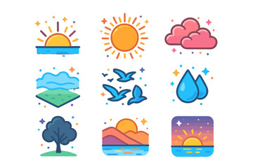 Naklejka premium Isometric Sunrise Icons. sunrise. Colorful isometric vector icons set of sunrise: rising sun, horizon line, warm sun rays, pink clouds, morning mist, bird