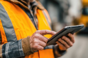 Close-up of construction worker holding a tablet at jobsite