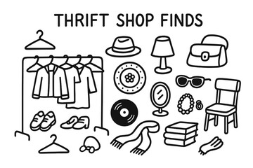 Fototapeta premium Thrift Shop Treasures. Thrift shop finds. Hand-drawn doodle illustration thrift shop finds clothes rack, shoes, hat, lamp, plate, bag, sunglasses, vinyl,