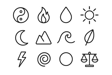 Harmony Icon Set. Two opposing forces in harmony. Line icon set of two opposing forces in harmony: yin-yang symbol, fire, water, sun, moon, mountain, ocean