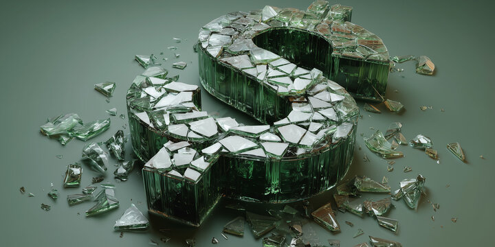 Shattered glass dollar symbol breaking apart into scattered reflective fragments
