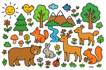 Fototapeta premium Whimsical Forest Doodle. Forest. Colorful Hand-drawn doodle Children illustration Forest trees, flowers, animals, birds, insects, mushrooms, rivers, mountains,