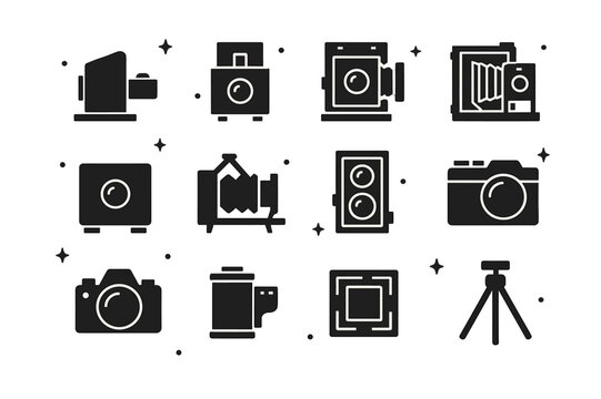 Evolution of Cameras. Historical photography and the development of the camera. Solid icons set of Historical photography and the development of the camera: