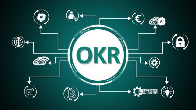 Objectives and Key Results OKR concept with interconnected icons and glowing lines on dark background