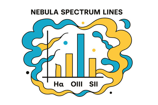 Nebula Spectrum Graph. Nebula Spectrum Lines. A minimal graph blooms with bright emission bars; label reads ?H?, OIII, SII.? Swirling clouds wrap the chart