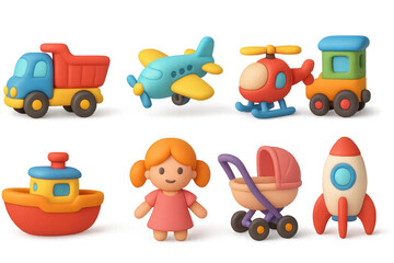 Charming toy icon collection featuring vehicles and characters for child-friendly design