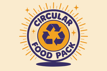 Fototapeta premium Retro Food Packaging. Circular Food Pack ? Retro Poster; lettering: bold rounded fonts; composition: centered badge; effects: halftone dots, simple drop