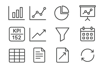 Data Dashboard Icons. Data Dashboard. Line icon set of Data Dashboard: bar chart, line chart, pie chart, analytics board, KPI counter, graph trend, filter
