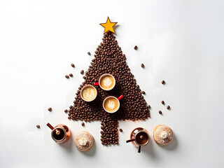 A festive composition in the form of a Christmas tree, made from elements of a coffee shop — cups of coffee, coffee beans, cappuccino machine, milk and sweets.