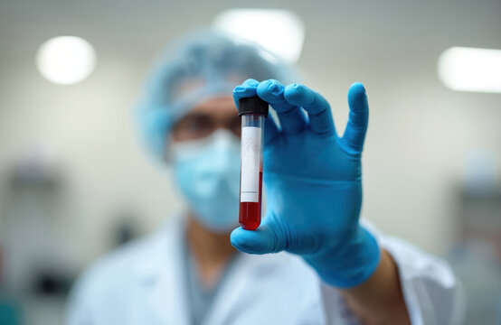 Doctor holds blood sample in tube. Medic wearing gloves and mask. Medical pro analyzing blood for virus at lab. Specialist researches infectious diseases in test.