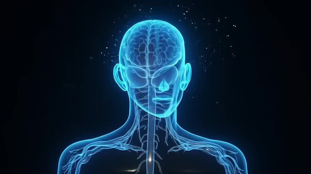 Human head with brain and nervous system.