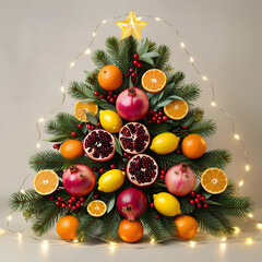 Festive DIY holiday tree composed of pomegranates, citrus fruits, and apples, decorated with rosemary and dried citrus, cozy and charming