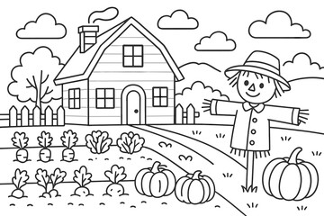 Fototapeta premium Farmhouse Coloring Page. Country farmhouse garden children?s coloring book illustration, outlined drawing, farmhouse with vegetable garden and scarecrow,