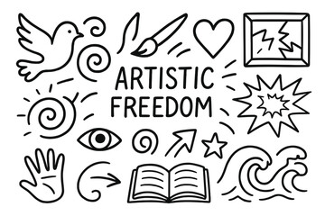 Fototapeta premium Artistic Freedom Doodles. Artistic freedom. Hand-drawn doodle illustration artistic freedom bird, wings, brush, swirl, broken frame, heart, explosion, wave,
