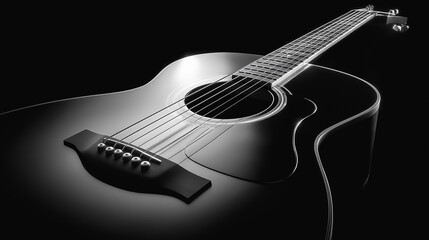 Black acoustic guitar glowing under dramatic studio lighting with striking contours
