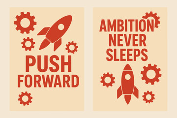 Ambition Banners. Push forward. Two vertical A6 banners with safe margins, centered composition, no elements touching edges, flat vector design, red and beige,