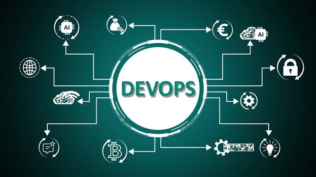 DevOps Concept with Icons for Workflow Automation and Business Growth &ndash; Software Development, Continuous Integration and Agile Technology Strategy.
