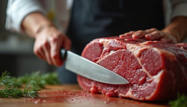 Butcher hand expertly slicing raw red beef meat with sharp steel knife. Pro chef prepares fresh ingredient on wooden board with rosemary. Close-up detail of culinary skill and food preparation. - Powered by Adobe