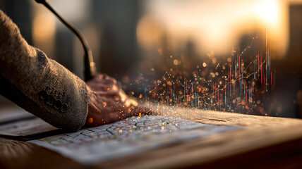 A business person points to a business report under a microphone, with a rising graph overlaid on it in a meeting room setting.