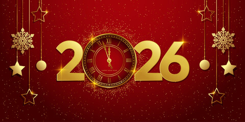 New Year 2026 with a gold clock with Roman numerals on a red background. Decorated with snowflakes, stars, and glitter. Horizontal banner. Vector illustration.