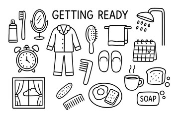 Morning Routine Icons. Getting Ready. Hand-drawn doodle illustration Getting Ready toothbrush, toothpaste, mirror, hairbrush, towel, shower, comb, alarm clock,