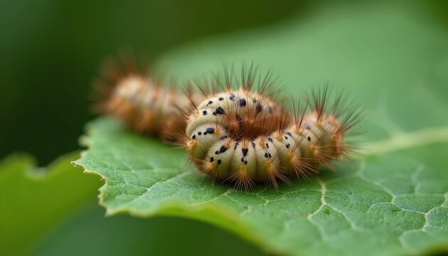Thick furry with distinct black spots, spiky orange hairs curls on rich green leaf. Another blurred larva visible in background. Common plant eating insect often causes damage in gardens, wild nature