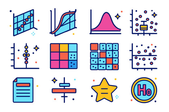Colorful Statistical Icons. Statistical plots. Colorful isometric vector icons set of Statistical plots: QQ plot, cumulative distribution curve, density plot,