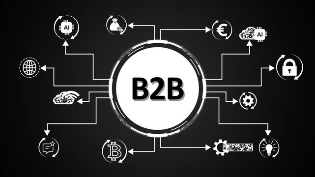 B2 B business concept infographic diagram with icons representing finance strategy teamwork innovation search and growth on dark background