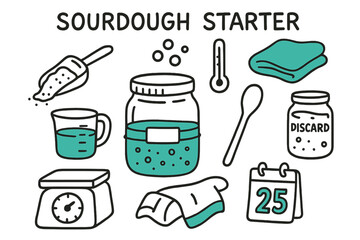 Sourdough Starter Doodle Icons. // Sourdough starter. Hand-drawn doodle illustration Sourdough starter [glass jar (accented), rubber band, starter bubbles