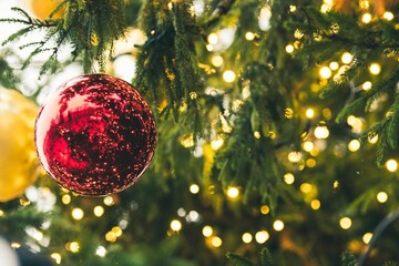 Close-up detail of a Christmas tree with a shiny red bauble, surrounded by twinkling lights and green pine needles