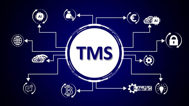 T M S business strategy concept network diagram with icons representing finance teamwork innovation growth search goals and operations on a dark blue background abstract technology
