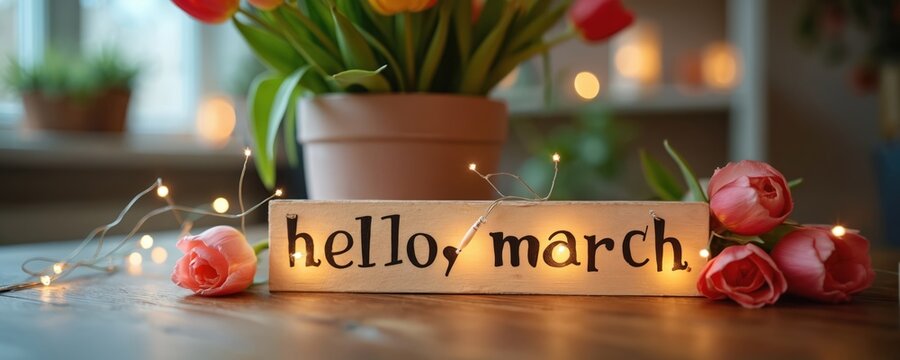 Photo featuring a wooden sign reading hello march with flower decoration and fairy lights. Beautiful tulips in a vase add spring mood. Wooden surface. Springtime concept - Powered by Adobe
