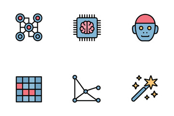 Set of six icons representing artificial intelligence and technology concepts