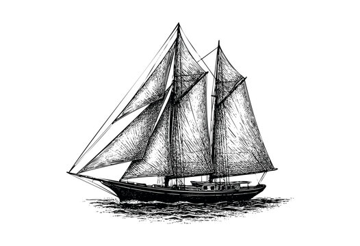 Detailed engraving of a two-masted sailboat on the sea with realistic shading.