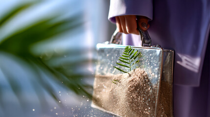 Fashion-forward carrier showcasing a mini landscape inside, a blend of style and nature, held by a hand with subtle nail art.