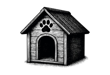 Vintage engraved illustration of a wooden doghouse with paw symbol — stock vector.