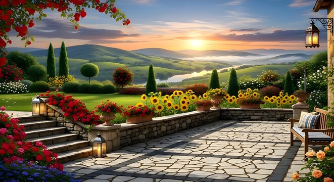 The most beautiful gardens at sunset, with sunflowers.