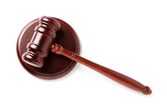 Judge's gavel on white background, top view