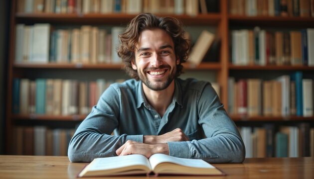 Smiling man studies at table. Open book lies. Person reads in library. Bookshelf with blurred books behind. Student prepares for exam in university with focus. Education concept at bookstore.