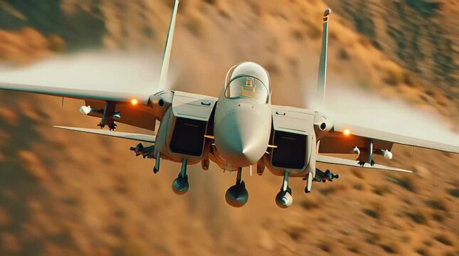 High-Speed Aerial Shot of a Grey Fighter Jet Performing Sharp Maneuvers in a Canyon